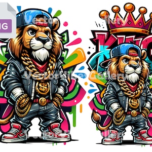Graffiti Streetwear Lion Png, Urban Sublimation Design, Colorful Cartoon DTF King Clipart, Hip Hop Poster, Digital Instant Download, 300 DPI