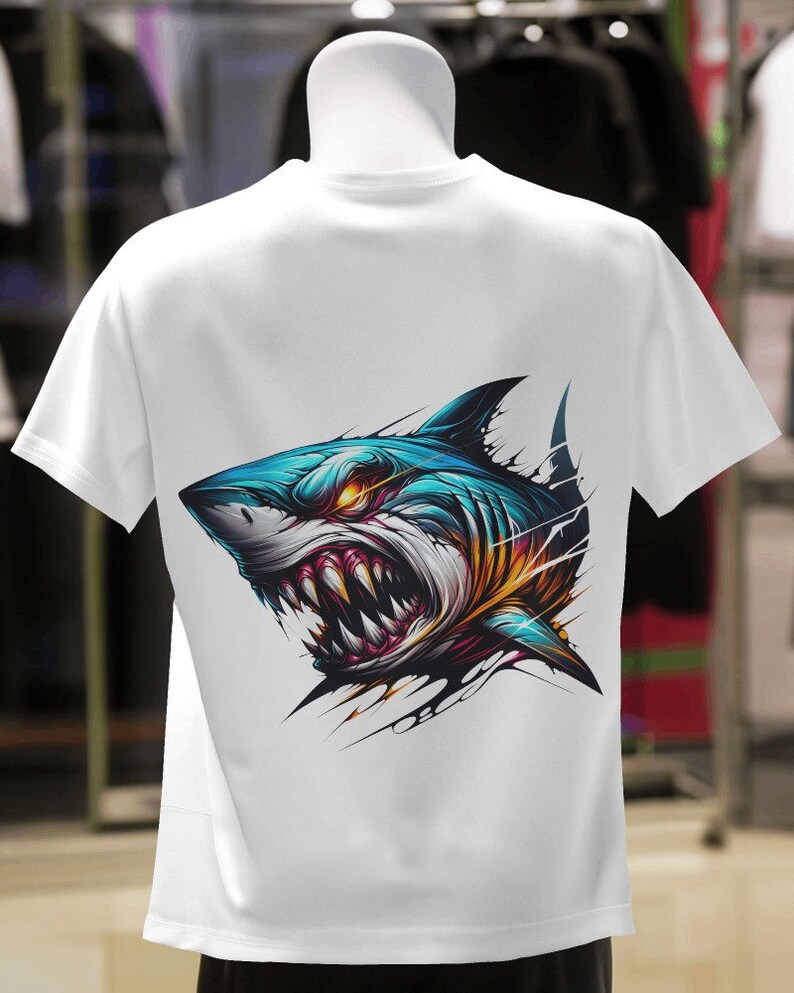 May include: White t-shirt with a graphic print of a blue and yellow shark with a menacing expression.