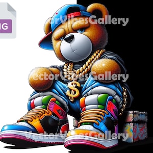 Gangster Streetwear Teddy Bear Png, Diseño de sublimación urbana, Cartel de Hip Hop, Camisa amante de las cervezas, Sudadera con capucha, Archivo DTF, Descarga instantánea digital