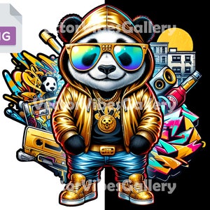 Golden Streetwear Retro Panda Png, Urban Sublimation Design, Graffiti DTF File, Hip Hop poster for Shirt, Digital Instant Download, 300 DPI