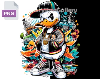 May include: A cartoon duck wearing a black and yellow jacket, a blue and white baseball cap, and white trainers. The duck is standing in front of a graffiti background with a boombox and flowers.
