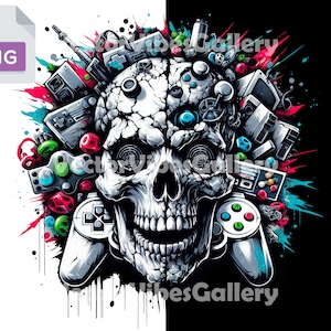 Aesthetic Gaming Skull Png, Urban Sublimation Design, Games Lover T-shirt, Aprintable Gift For Gamer, Transparent Background, 300 DPI