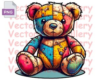 Tattered Teddy Bear PNG, Colorful Sublimation Design (Digital Download)