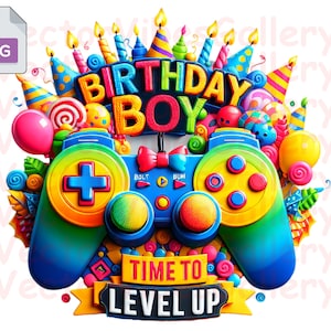 Gaming Birthday Boy Png, Time To Level Up diseño de sublimación, Gaming Love Controller camiseta Clipart, estética del jugador, descarga instantánea