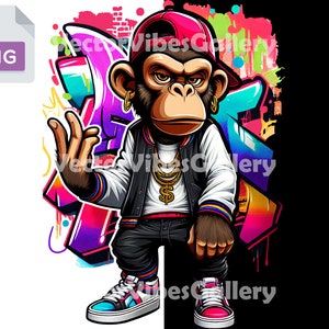 Puede incluir: Una ilustración de dibujos animados de un mono con una gorra de béisbol roja, una chaqueta blanca y negra y una cadena de oro con un colgante de signo de dólar. El mono está de pie frente a un fondo de graffiti colorido.