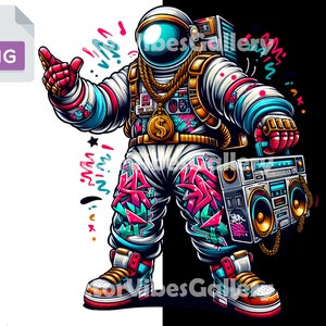 Cartoon Streetwear Astronauta Png, Diseño de sublimación de música urbana, Camisa de graffiti cósmico vibrante, Fondo transparente, Descarga instantánea