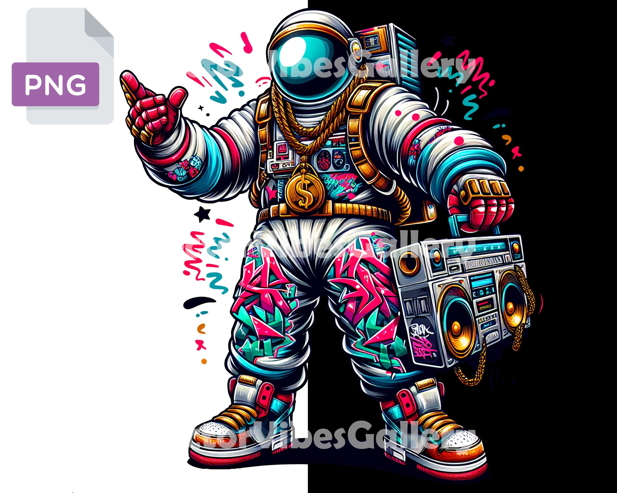 Cartoon Streetwear Astronaut Png, Urban Music Sublimation Design, Vibrant Cosmic Graffiti Shirt, Transparent Background, Instant Download