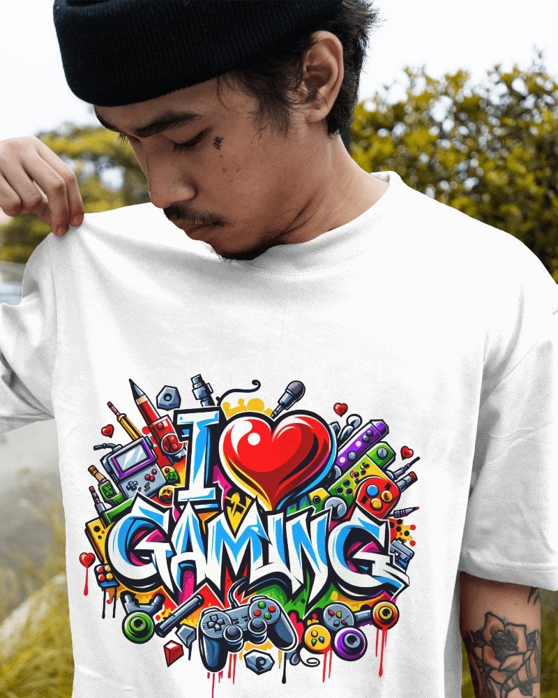 I Love Gaming PNG, Urban Graffiti Clipart, Gamer Shirt Design (300