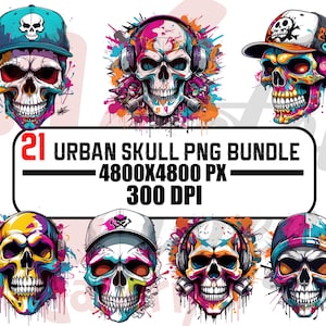 May include: A set of 21 colourful, digital illustrations of skulls with various accessories, such as headphones, hats, and sunglasses. The skulls are in a variety of poses and expressions, and the illustrations are in a vibrant, urban style. The text "21 URBAN SKULL PNG BUNDLE 4800X4800 PX 300 DPI" is at the top of the image.