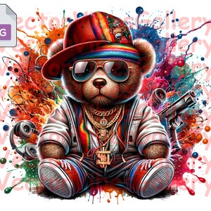 Streetwear Teddy Bear Png, Urban Colorful Splash sublimation design, Hip Hop Clipart Graphic, Digital Instant Download