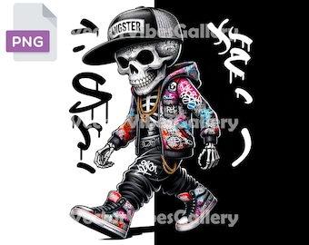 Streetwear Gangster Skeleton Png, Urban Sublimation Design, Hip Hop Skull Shirt, Graffiti Clipart, DTF, Transparent Background, 300 DPI