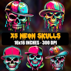 X5 Neon Colors Skulls Png, Urban Graphics Sublimation Design, DTF Graffiti Skull Bundle, Hip Hop poster, Rap shirt, Digital Instant Download