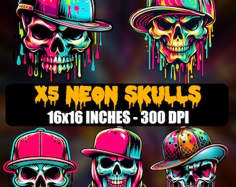 Op de afbeelding: Vijf neon-schedel-illustraties met kleurrijke verfspatten. Elke schedel draagt ​​een hoed in een andere stijl. De tekst "X5 NEON SKULLS" en "16x16 INCHES - 300 DPI" wordt onder de schedels weergegeven.