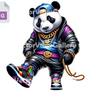 Panda urbano PNG, diseño gráfico de sublimación urbana, póster de animales de dibujos animados de hip hop, archivo DTF para camisetas y sudaderas, descarga digital instantánea