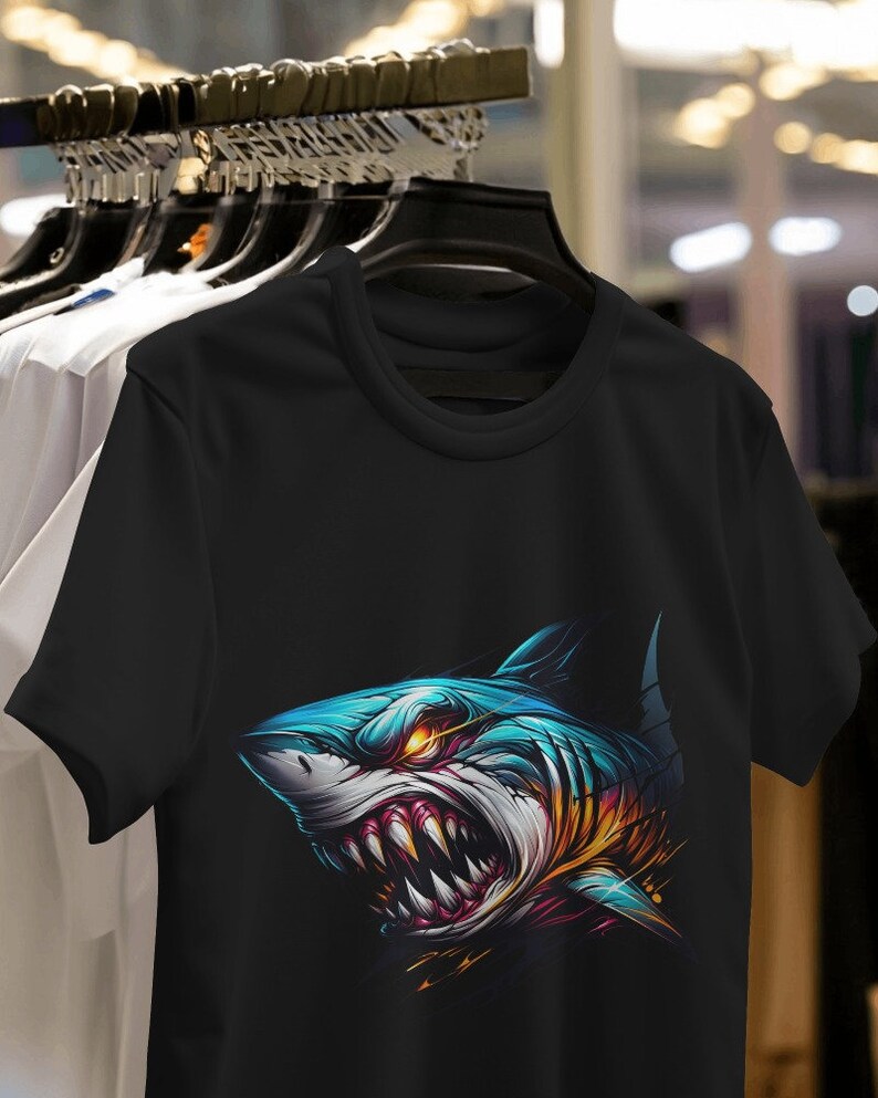 May include: Black t-shirt with a colorful graphic of a shark's head with sharp teeth.
