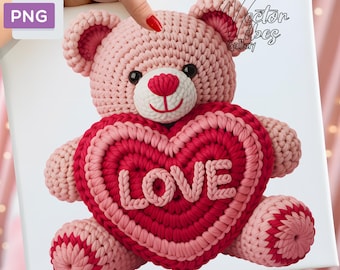 Faux Yarn Crochet Teddy Bear Valentine PNG, Red & Hot Pink Amigurumi Heart (Digital Download)