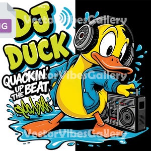 DJ Duck PNG-ontwerp, hiphop eend clipart voor T-shirts, leuk muziekliefhebber cadeau, eigenzinnige streetwear graphic, coole illustratie voor kinderen en volwassenen