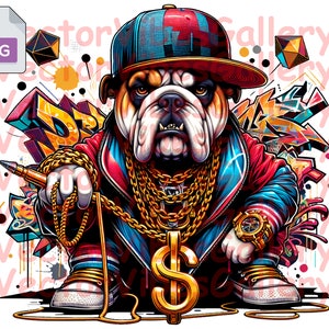 Gangster Bulldog Png, Diseño de sublimación streetwear, Imágenes prediseñadas digitales de graffiti, Cadena de dólares de oro, Hip Hop, descarga instantánea
