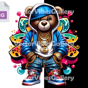 Hip Hop Streetwear Teddy Bear Png, Urban Graphic Sublimation Design, Printable Graffiti DTF for Shirts, Hoodies, Digital Instant Download