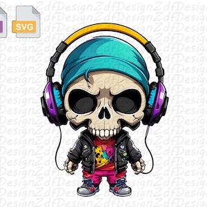 Chibi character Skull with Headphones png, Svg, Dj, hip hop Style, For shirts, Digital Clipart instant Download