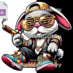 Gangster Bunny with cigar Png, Urban Graphics Sublimation Design, Hip Hop Poster, Vector Animal Clipart, DTF File, Digital Instant Download