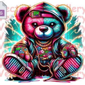 Streetwear Teddy Bear Png, Neon Colors Graffiti Sublimation Design, Urban Graphic, Hip Hop Clipart, Digital Instant Download