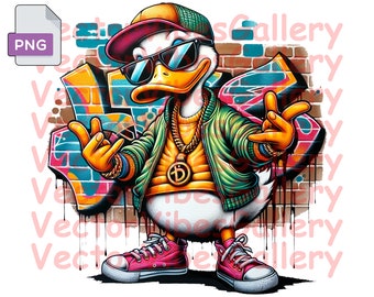 May include: A cartoon duck in sunglasses, a cap, and a green jacket, set against a graffiti brick wall. The duck is styled with gold jewellery and pink trainers. The image has a vibrant, urban art style.