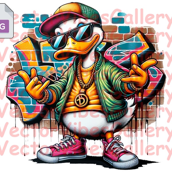 Png de canard de gangster, conception urbaine de sublimation, clipart d'oiseau de Streetwear de dessin animé, vecteur numérique de graffiti pour le T-shirt, téléchargement immédiat