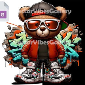 Cool Hip Hop Teddy Bear PNG, Streetwear Bear Graffiti art, Urban Hip Hop Style Cartoon Design, Digital Instant Download for T-Shirts, Hoodie