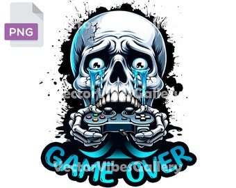 Game Over Skull PNG, Gaming Sublimation Design (Digital Download)