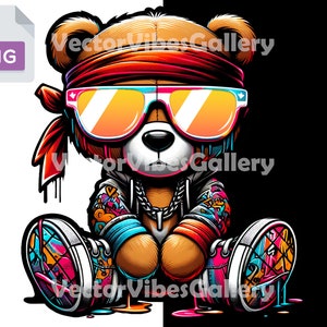 Colorful Streetwear Teddy Bear Png, Urban Sublimation Design, dripping themed Vector Clipart, Hip Hop Style, Instant Download