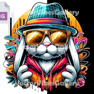 Coole Retro Bunny Png, Urban Sublimationsdesign, Graffiti Kaninchen Clipart, DTF-Druck-Shirt, Streetwear digitaler Vektor, transparenter Hintergrund