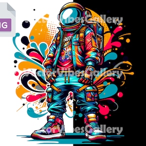 Colorful streetwear Astronaut Png, Urban Sublimation Design, DTF, astronomy themed T-shirt Design, Graffiti Clipart, Transparent Background