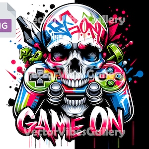 Puede incluir: Un gráfico de calavera colorido con un mando de videojuego, rodeado de salpicaduras de pintura y el texto "GAME ON" con las palabras "Vector Vibes Gallery" debajo.