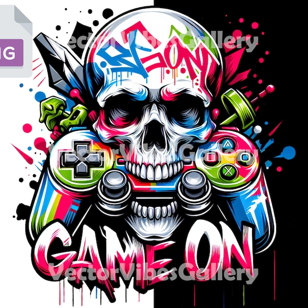 Game One Graffiti Png, Urban Sublimation Design, DTF, DTG Cute File, Colorful Skull Clipart, Gaming Lover, Transparent Background, 300 DPI