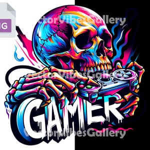 May include: A vibrant digital illustration of a skull holding a video game controller. The skull and skeletal hands are rendered in a spectrum of colors, including pink, blue, and yellow. The word "GAMER" is prominently displayed below.