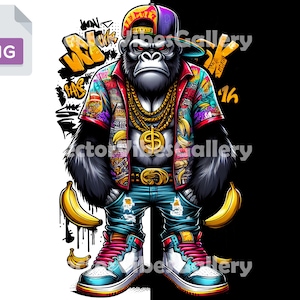 Streetwear Gangster Gorilla Png, Urban Sublimation Design, Graffiti Animal DTF For Shirt, Hip Hop poster, Transparent Background, 300 DPI