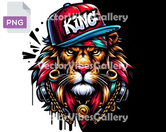 May include: A colorful illustration of a lion wearing a red, blue, and white baseball cap with the word "King" on it. The lion is also wearing a gold chain and headphones.