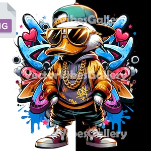 Cool Hip Hop Duck Png, Urban Sublimation Design, Streetwear DTF File for shirt & Hoodie, Graffiti Clipart, Digital instant download graphic