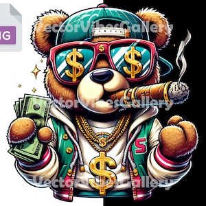 Bogaty Gangster Miś Teddy Png, Miejski Projekt Sublimacji, Dolary i Złoto Clipart, Koszulka Niedźwiedzia Streetwear, Przezroczyste Tło, 300 DPI