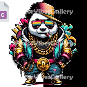 Colorful Gangster Retro Panda Png, Urban Sublimation Design, Graffiti Printable Clipart, Hip Hop Poster, Transparent Background, 300 DPI