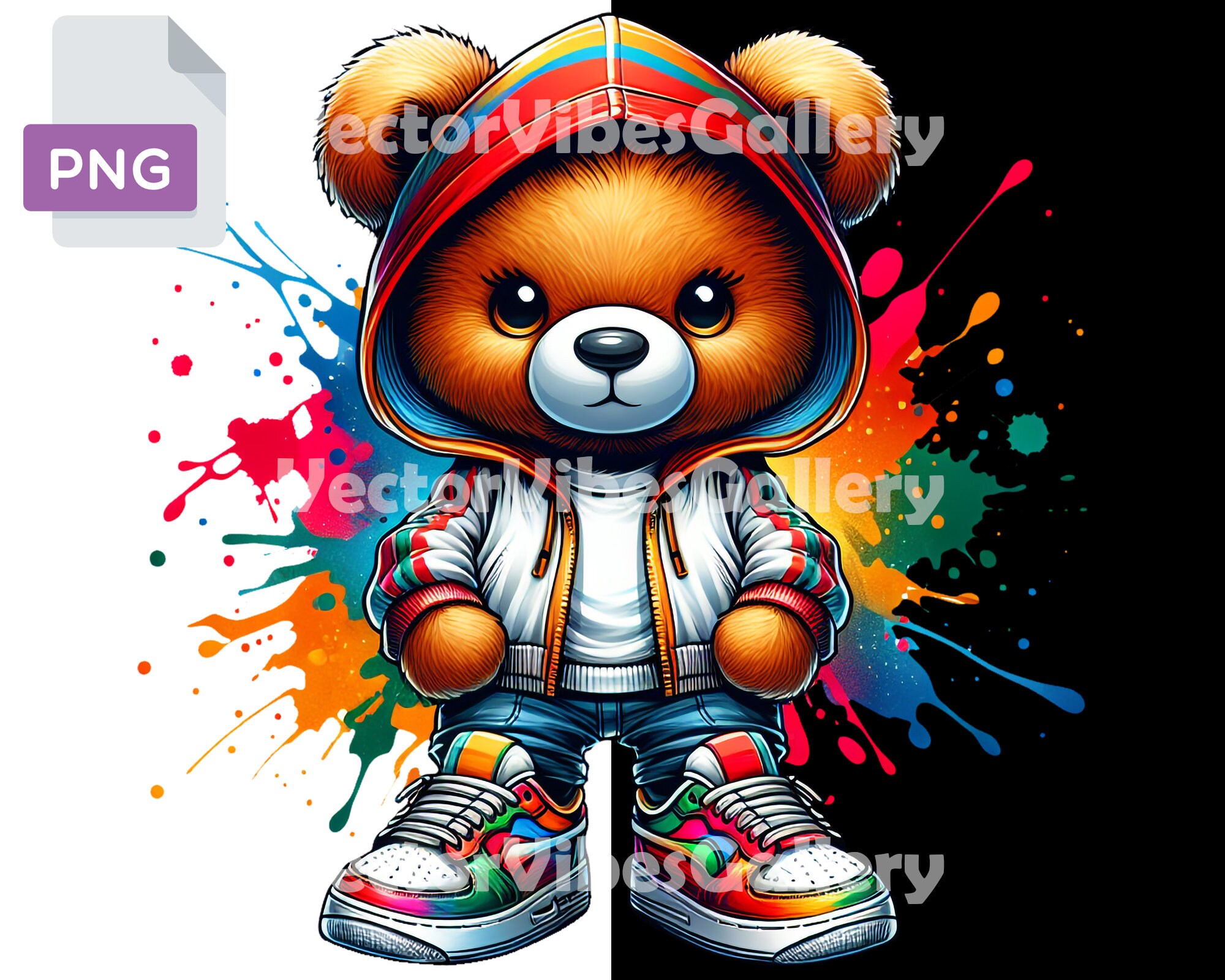Bunter niedlicher Teddybär Png, ästhetisches Splash Junge T-Shirt Clipart, DTF-Datei, transparenter Hintergrund, 300 DPI