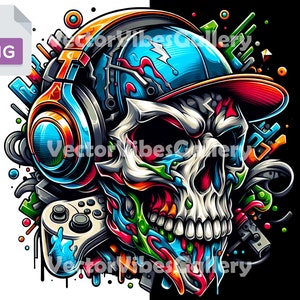 Colorful Gaming Skull Png, Urban Sublimation Design, Graffiti Gamer Lover, DTF File, Games T-shirt Clipart, Transparent Background, 300 DPI