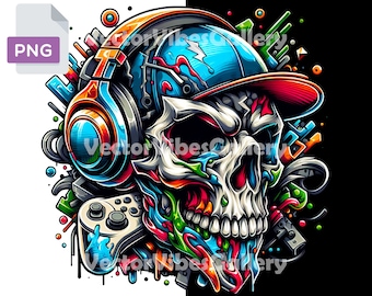 Colorful Gaming Skull PNG, Graffiti Gamer Design (300 DPI)