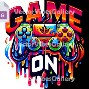 May include: A colorful graphic design featuring a video game controller with dripping paint and the words "GAME ON" in white letters. The design is set against a black and white background.