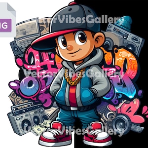 Hip Hop Boy PNG, Graffiti Street Clipart, Urban Rap Cartoon, DJ Boombox Money Design, Retro 90s Hip Hop Printable, Digital Instant Download