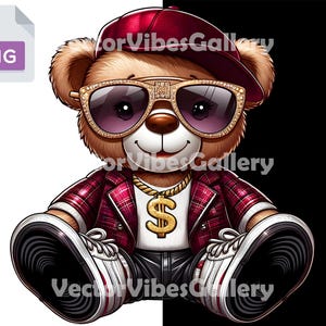 Hip Hop Teddy Bear PNG, Cool Streetwear Bear Clipart, Rap Style Teddy with Gold Chain, Trendy Swag Bear Digital Instant Download