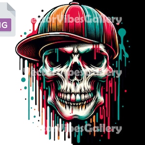 Colorful Dripping Skull Png, Urban Sublimation Design, Digital Streetwear Vector Print For T-shirt, Transparent Background, Graffiti Style
