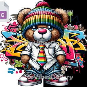 Cute Streetwear Teddy Bear Png, Urban Graphic Sublimation Design, Graffiti Hip Hop poster, Transparent Background, Digital Instant Download