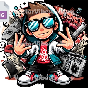 Cool Hip Hop Streetwear Boy PNG, Urban Cartoon Boy with Money, Boombox, Graffiti Design, TRap Style Clipart for T-Shirts, Instant Download